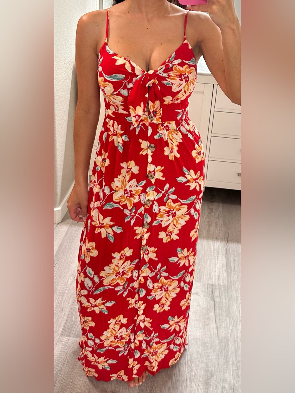 Red Floral Tie-Front Maxi Dress with Thin Straps